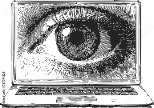 Eye sketch on laptop screen, hand drawn vector, concept of digital surveillance — stock vector
