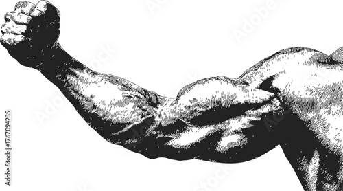 Muscular arm sketch, hand drawn vector showing flexed biceps and detailed anatomy — stock vector