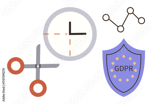 Shield labeled GDPR, scissors, clock, and a graph illustrate data regulation, compliance, privacy, time management, analytics efficiency and security. Ideal for legal privacy and time themes