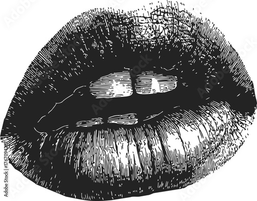 Lips sketch hand drawn style with biting gesture, detailed black and white engraving — stock vector
