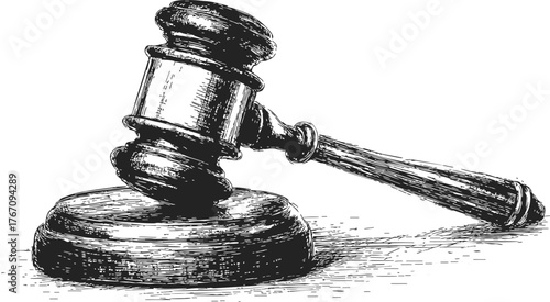 Gavel sketch hand drawn style with sound block detailed courtroom scene — stock vector