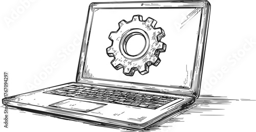 Laptop sketch hand drawn with gear icon on screen, technology concept — stock vector