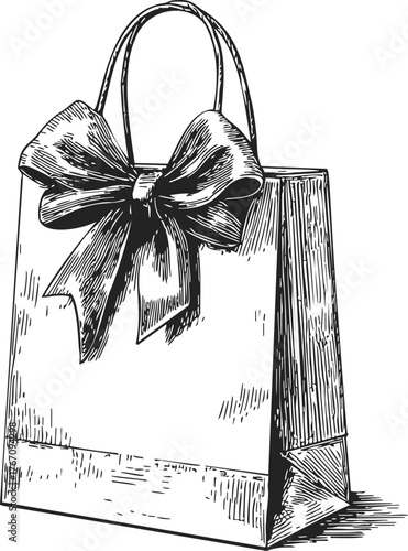 Gift bag sketch, hand drawn style with large decorative bow — stock vector