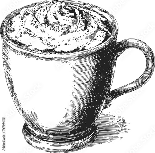 Coffee mug with whipped cream topping, hand drawn sketch style, vintage engraving illustration — stock vector