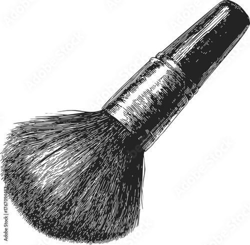 Makeup brush sketch, hand drawn style, detailed powder brush illustration — stock vector