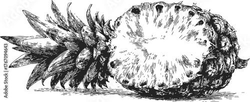 Pineapple sketch hand drawn style detailed cross section with textured rind — stock vector