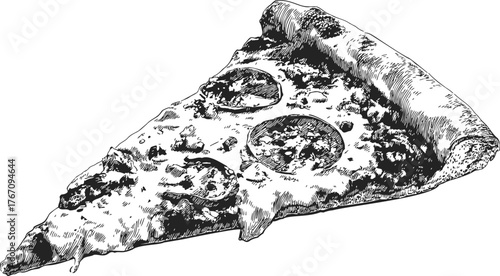 Pizza slice sketch hand drawn with pepperoni and cheese detailed illustration — stock vector