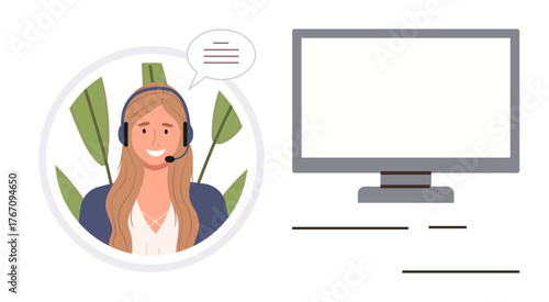 Smiling woman in headset with speech bubble next to blank monitor. Ideal for business communication, online support, virtual assistance, call center, tech help, education, customer service as simple