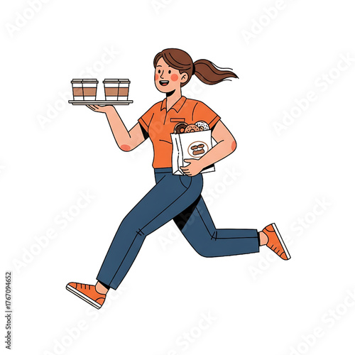 Fast Coffee Delivery Girl Running with Tray and Food Bag