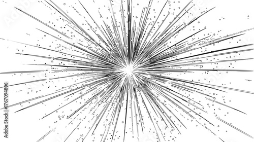 Explosion sketch hand drawn burst with radiating lines and scattered particles — stock vector