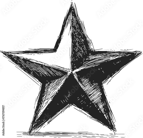 Star sketch hand drawn three dimensional black and white geometric shape — stock vector