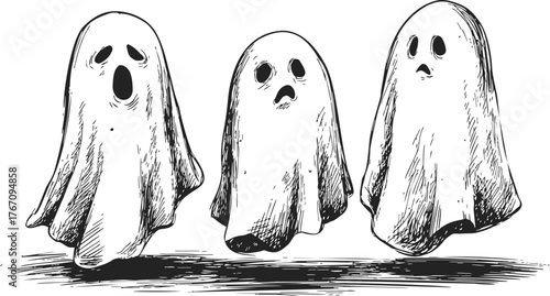 Ghost trio hand drawn sketch illustration floating sheet spirits Halloween — stock vector