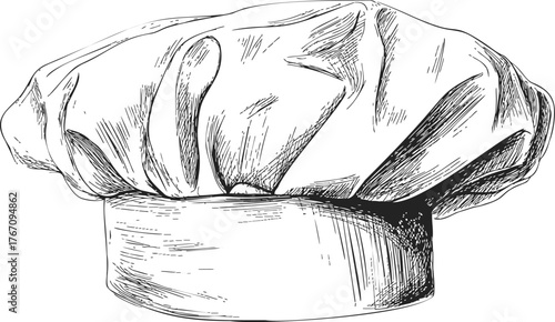 Chef hat sketch, hand drawn vector, classic toque blanche with detailed line art — stock vector