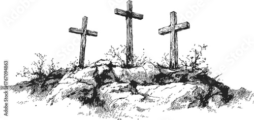 Three crosses sketch hand drawn on rocky hill with sparse vegetation — stock vector