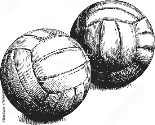 Volleyball balls sketch, hand drawn line art illustration with detailed shading — stock vector