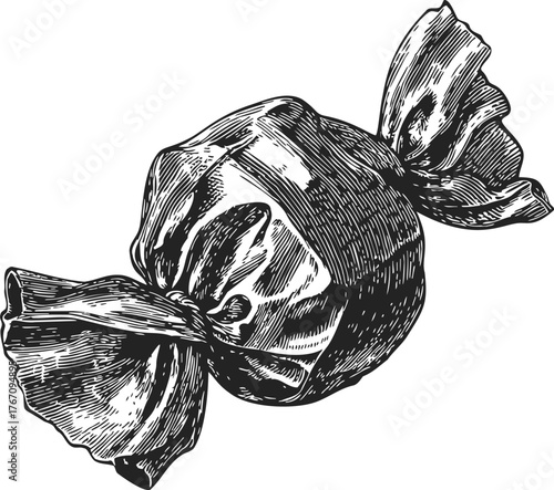 Wrapped candy hand drawn sketch with twisted wrapper ends, black and white engraving style — stock vector