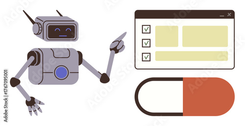 Robot pointing at a digital checklist interface alongside a medical pill depiction. Ideal for healthcare, technology, AI, automation, digital diagnostics, medical innovation, usability concepts