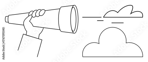 Hand gripping a telescope focusing on distant clouds, representing vision, strategy, planning, exploration, foresight, curiosity, and future goals. Ideal for simple flat metaphor