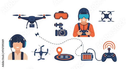 Drone Control and FPV Pilot Vector Illustration for Aerial Photography Technology Flat Design