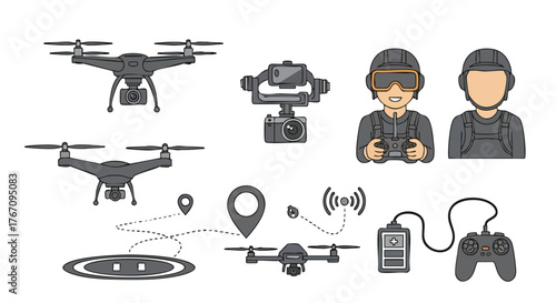 Drone Pilot and Aerial Photography Equipment Vector Illustration for Technology and Aviation Concept