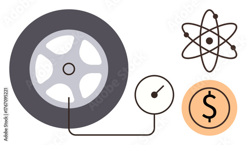 Automotive wheel and pressure gauge symbolize efficiency, atom model reflects science, currency icon denotes cost analysis. Ideal for technological innovation, energy, savings, repairs, education