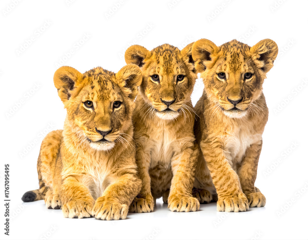Obraz premium Three lion cubs sitting and lying looking at camera