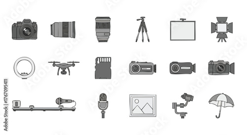 Photography Equipment Icons Set Flat Design Vector for Camera Video and Studio Tools Collection