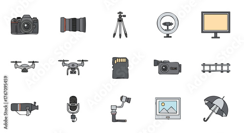 Photography Equipment Icons Vector Set Flat Design for Camera and Video Production Tools