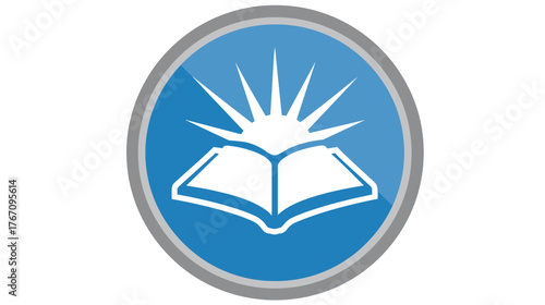 White open book with sunburst in a blue circle with gray trim on white background