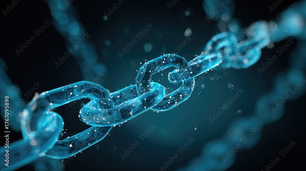 Fototapeta premium Abstract depiction of a glowing chain link structure with luminescent particles floating in a dark virtual environment for digital art and technology themes