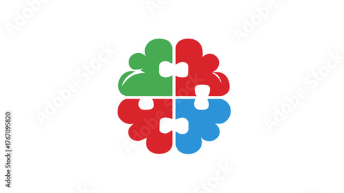 Four puzzle pieces forming a circular abstract design, green, red, and blue on white