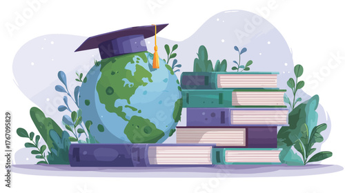 Globe with graduation cap sits atop a stack of books, with botanical accents around