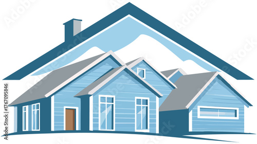 A graphic of a blue house with mountains, framed by a large roof silhouette