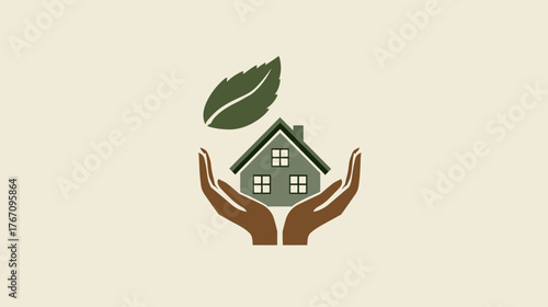 Hands hold house with leaf. Icon represents protecting the environment and green living