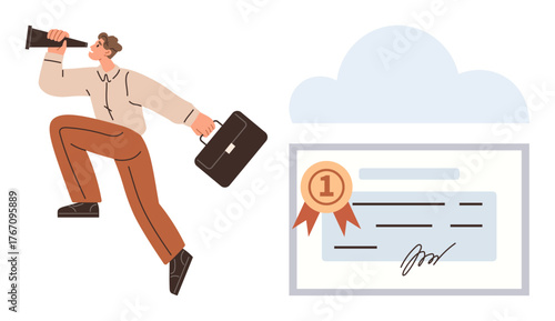 Businessman holding briefcase and looking through telescope towards cloud-hosted certificate with a 1st place badge. Ideal for ambition, career goals, leadership, achievement, recognition