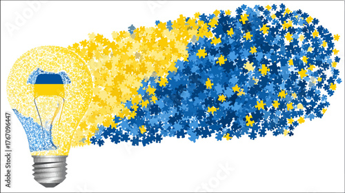 A lightbulb filled with Ukraine's flag colors turns into an EU flag puzzle