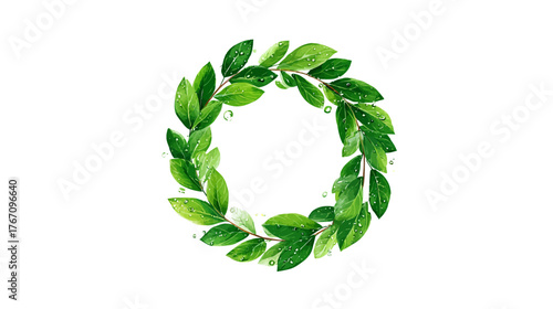 Watercolor style wreath of lush, vibrant green leaves with droplets on a white backdrop