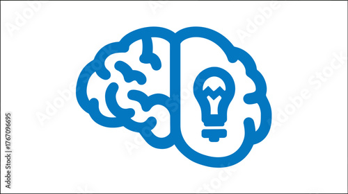 Blue brain icon with a lightbulb replacing the right hemisphere on a white backdrop
