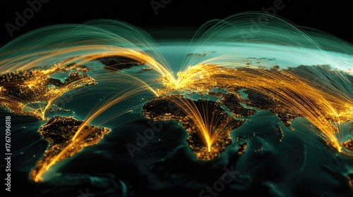 Fototapeta Naklejka Na Ścianę i Meble -  Vibrant Digital World Map Showcasing Global Connections and Networks with Illuminated Lines Representing International Data Flow and Communication Channels