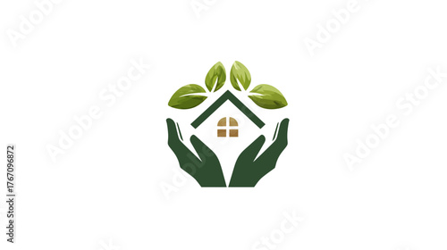 Illustration of hands cradling a house with leaves on top, nature & protection
