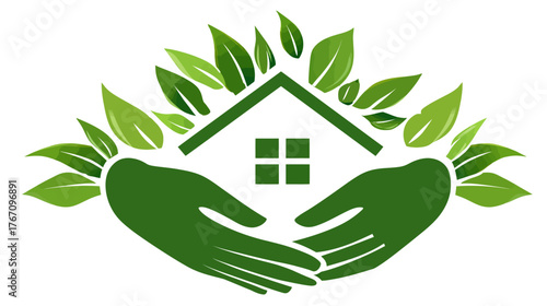 Green hands cradling a house under an arc of vibrant green leaves, nature theme