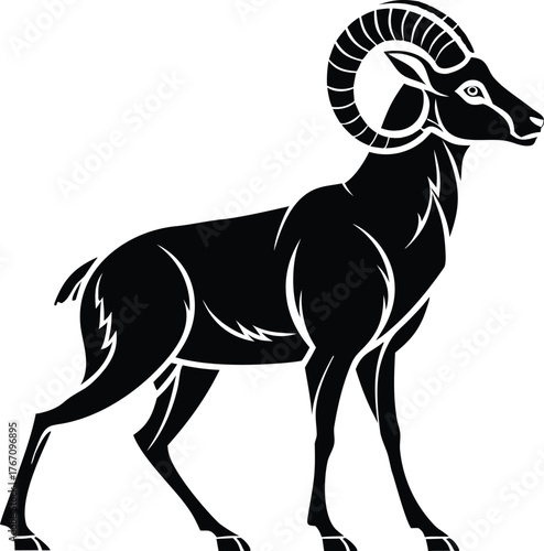 Bold Ram Silhouette Vector — Bighorn Sheep Graphic Art, Bighorn sheep standing arrogant pose, alert, profile view, simple shape design.