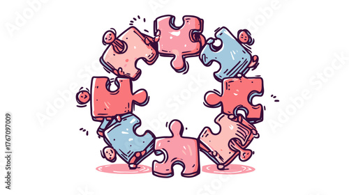 Cartoon illustration of colorful puzzle pieces formed in a circle with tiny faces
