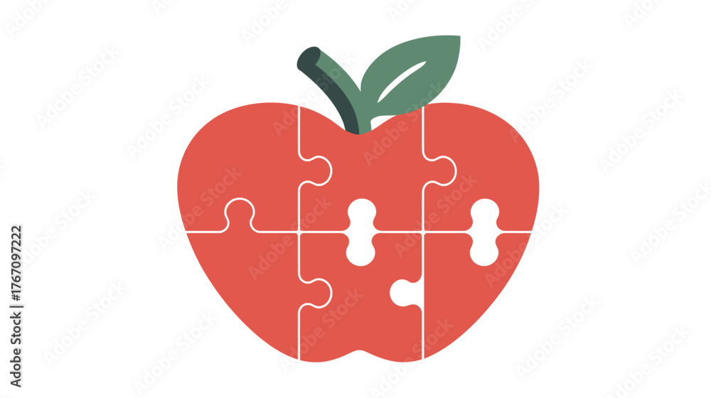 Fototapeta premium Stylized apple made from jigsaw puzzle pieces, with a green stem and leaf