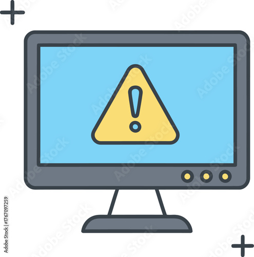Computer monitor displaying a yellow warning triangle with an exclamation mark symbolizing an alert or error