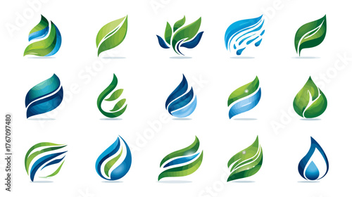 Fifteen leaf/water drop logo designs with green and blue colors on a white background