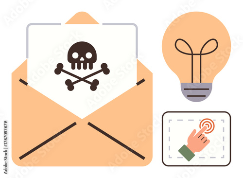 Skull on email indicates malware, light bulb suggests awareness, and tap gesture shows phishing action. Ideal for cybersecurity, hacking, online safety, awareness, fraud prevention, digital risks