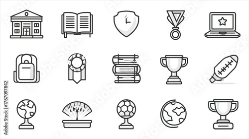 Line drawing icons of various school, learning, and achievement themes on a white field
