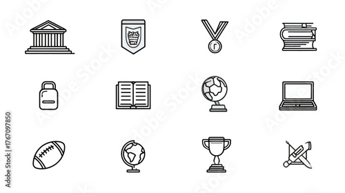 Line drawings of university, sports, and technology related icons organized in a grid