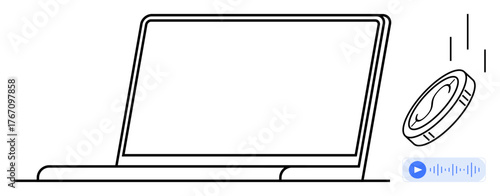 Laptop with coin dropping beside screen, representing digital payment. Ideal for online shopping, e-commerce, fintech, cashless economy, technology, digital marketing, simple flat metaphor